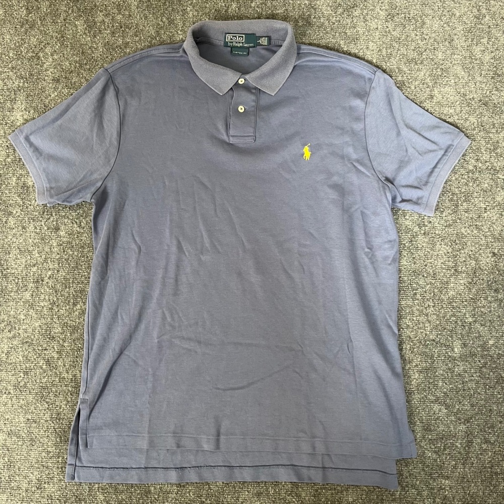 Polo Ralph Lauren Mens Custom Fit Short Sleeve Shirt Blue Gray Yellow Pony L